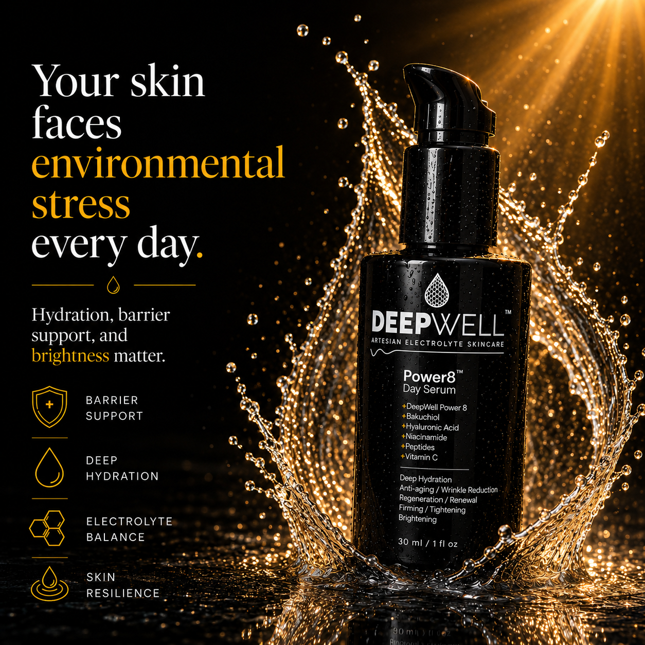 Power8 Day Serum benefit graphic highlighting hydration, skin barrier support, electrolyte balance, and daily skincare
