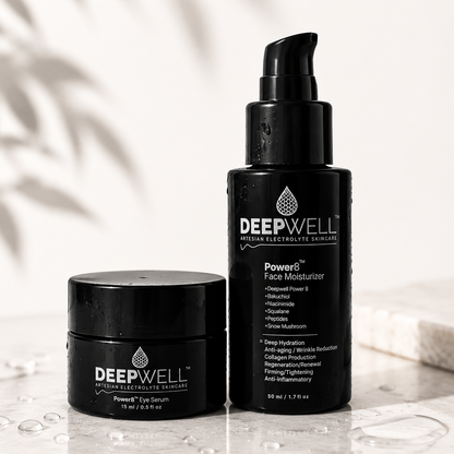 DeepWell Power8 Face Moisturizer and Power8 Eye Serum on marble surface