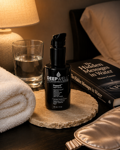 DeepWell Power8 Night Serum 30ml bottle on a bedside table in a nighttime skincare setting`
