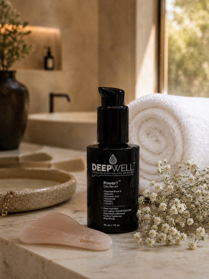 Power8 Day Serum by DeepWell Skincare on a marble counter with a gua sha tool and white flowers in a spa setting