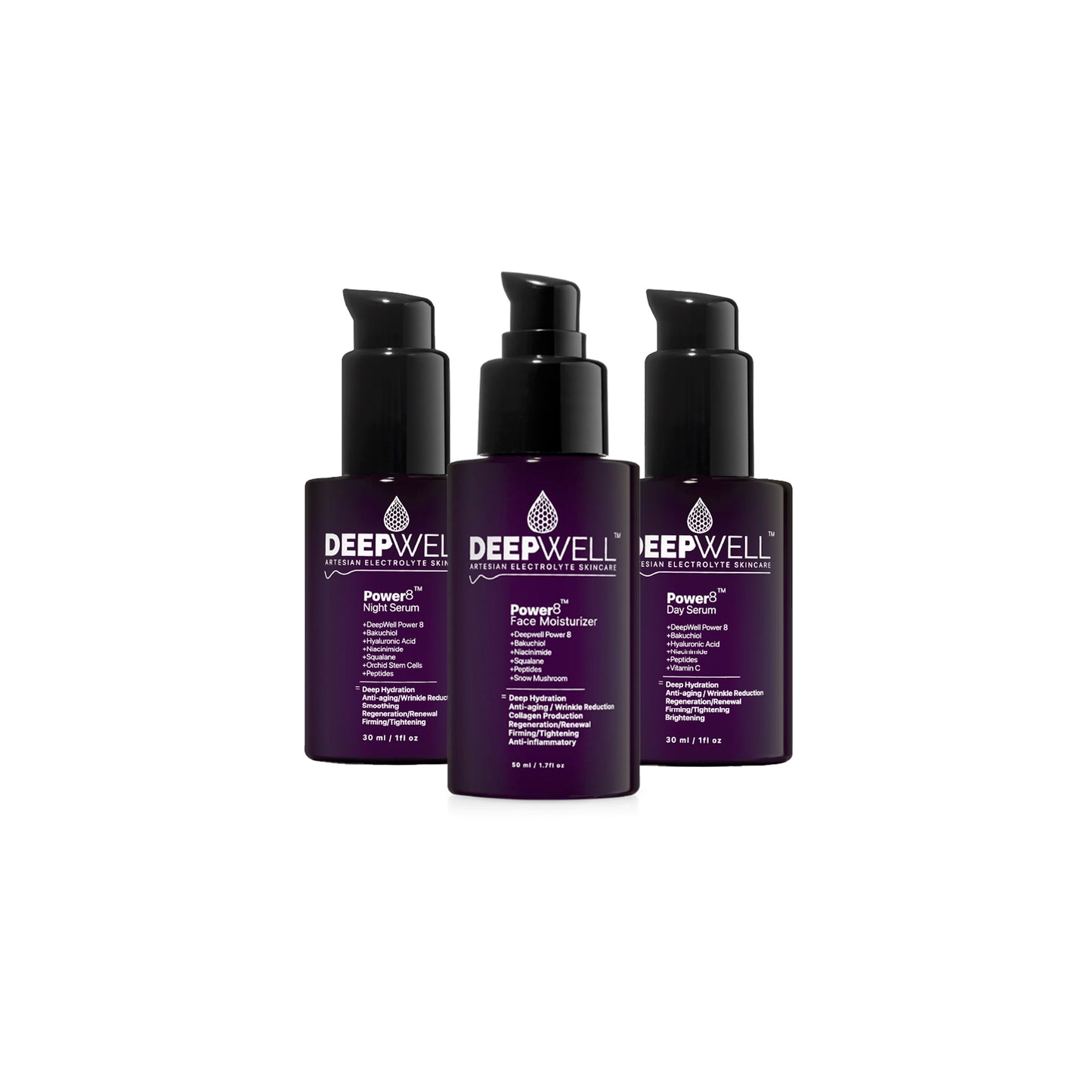Three Power8 products - Day Serum, Night Serum, and Face Moisturizer