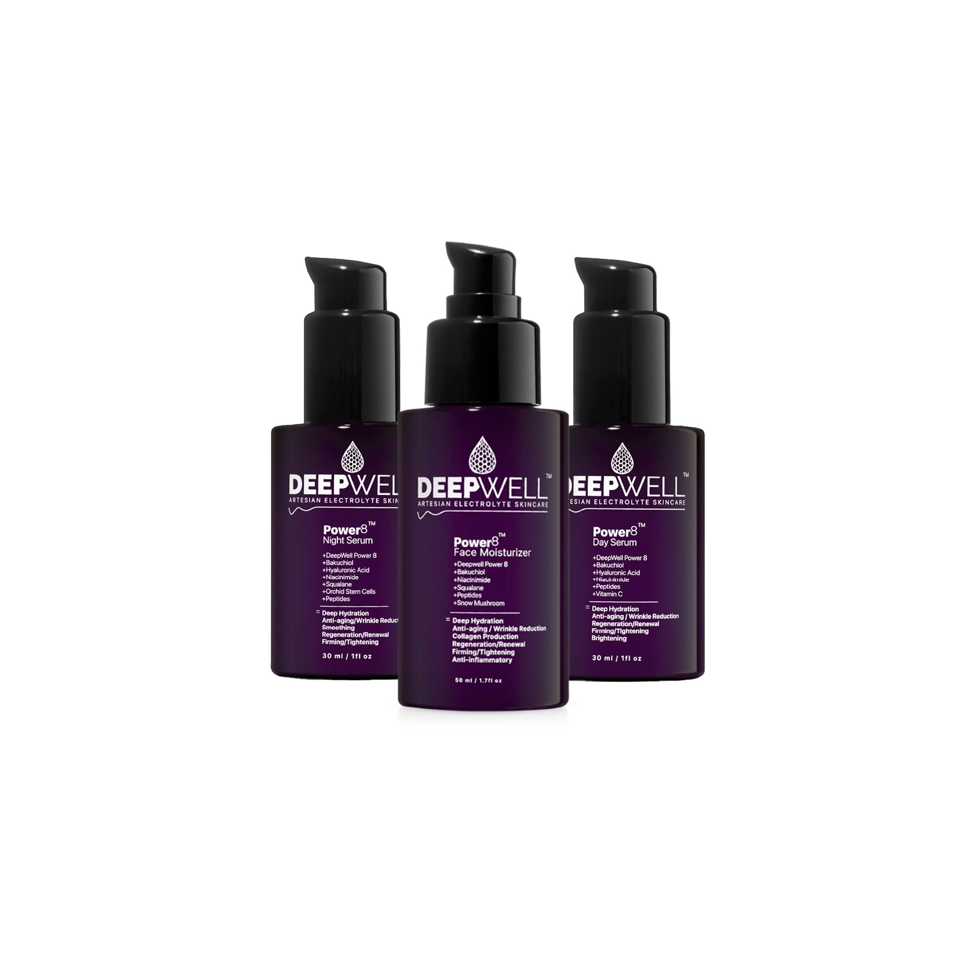 Three Power8 products - Day Serum, Night Serum, and Face Moisturizer