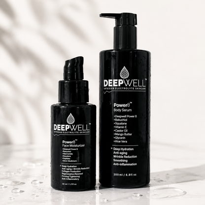 Two  black-violet Deepwell skincare bottles on a glossy white surface with water droplets. The taller bottle on the right is the Powers Body Serum, and the shorter bottle on the left is the Powers Face Moisturizer.