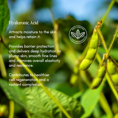 Soybean pods ingredient graphic featuring Hyaluronic Acid for DeepWell Power8 Toner with Clean Ingredients badge
