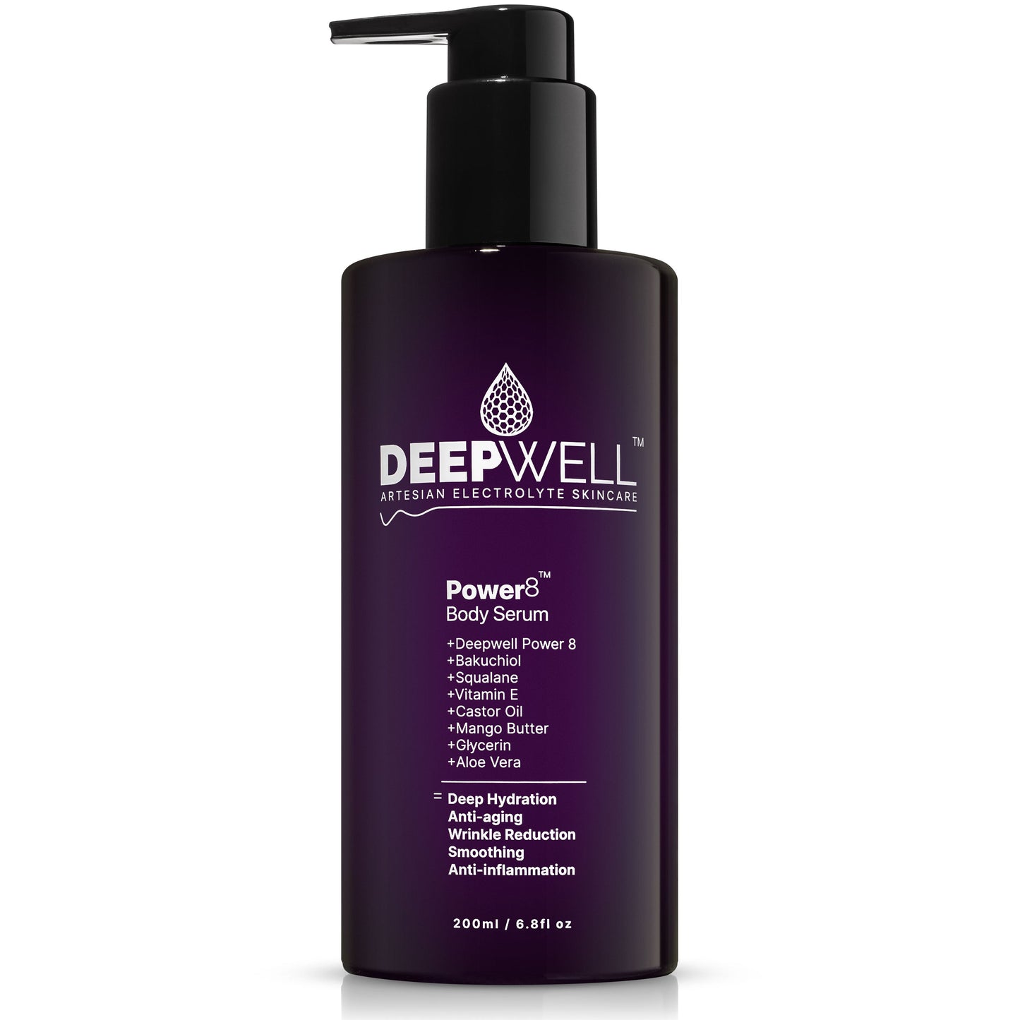 DeepWell Power8 Body Serum 200ml pump bottle with a deep violet gradient finish on a white background