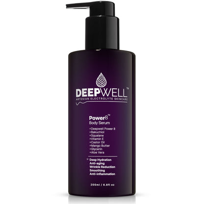 DeepWell Power8 Body Serum 200ml pump bottle with a deep violet gradient finish on a white background